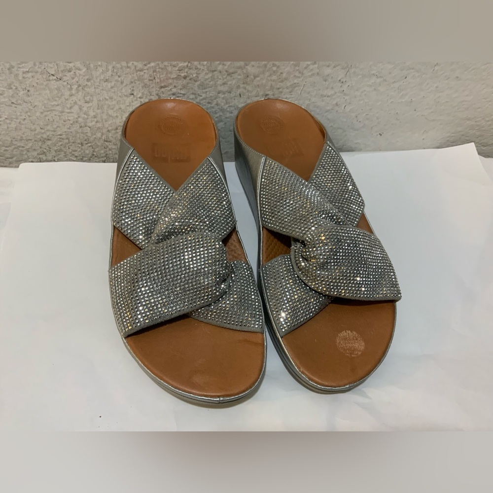 Fitflops TWISS Gold Rhinestone Bling Glitter Brown Leather Twist Platform Slid